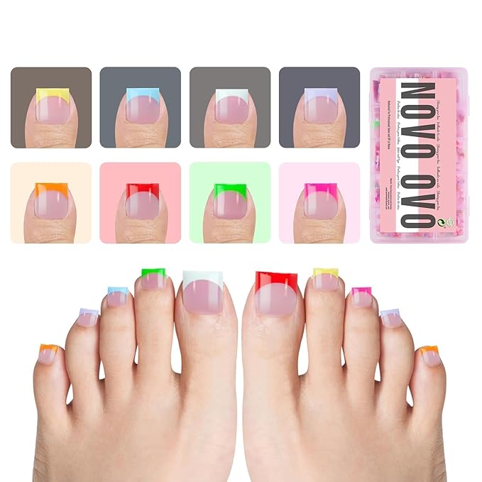 NOVO OVO French Tip Toe Nail Tips 8 MIXED SUMMER COLOR, Sharp Square Soft Gel False Toenail Extension, Need Builder Gel & Top Coat, no Glue Included, Full Cover Acrylic for DIY x 15 Sizes 240 pcs