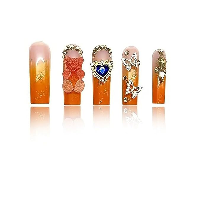 Press on Nails Long Square Fake Nails French Tip Orange Ombre False Nails with Charms Designs Glitter Acrylic Nails for Women 24Pcs