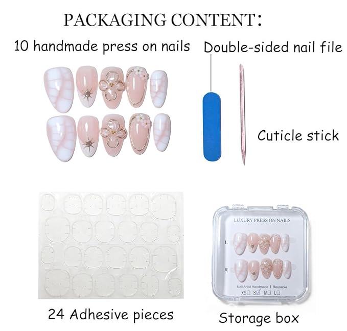 10 Short Almond Handmade Press On Nails | Blush Pink & White Snake Print Design with 3D Floral & Gold Accents | Salon-Quality Manicure, Easy Apply/Remove, Reusable & Long-Lasting (251216, XS)