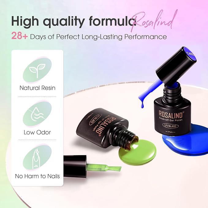 ROSALIND 30pcs Pastel Gel Nail Polish Set, 26 Colors Gel Polish with 3Pcs Glossy Matte Glitter Top Coat and Base Coat White Green Blue Purple Bright Nail Gel Polish Soak Off for Women