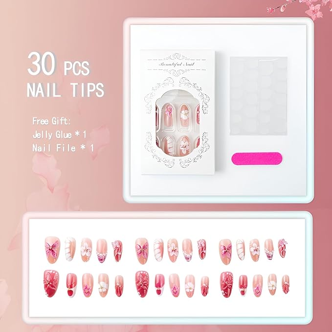 Flower Press on Nails Medium Almond Fake Nails Butterfly Flower Nails Press Ons with 3D Design Glossy False Nails Pearl Glue on Nail Summer Spring Stick on Nail for Women Decorations 30Pcs