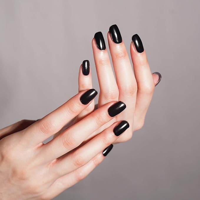 DANNI & TONI Semi Cured Gel Nail Strips Black (Obsidian) Gel Nail Polish Stickers Glossy Nail Wraps 28 Stickers