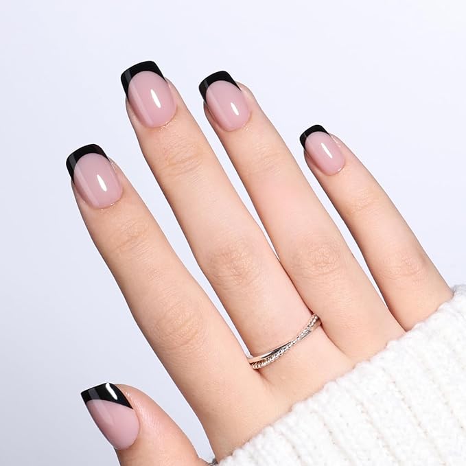 Black French Tip Press On Nails - Short Square Press On Nails, Reusable Glue On Nails with Natural Fit, 30 Pieces 15 Sizes False Nail Kit for Women, Black French Tip - Square