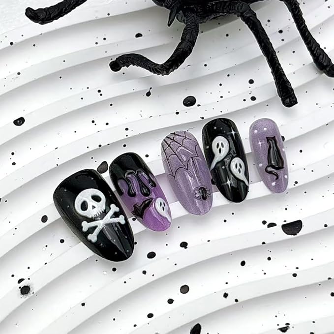 30Pcs Halloween Press on Nails Medium Almond Fake Nails Gothic Ghost Skull Bat Spider False Nails with 3D Blood Design Black Purple Glossy Glue on Nails Full Cover Artificial Stick on Nail for Women