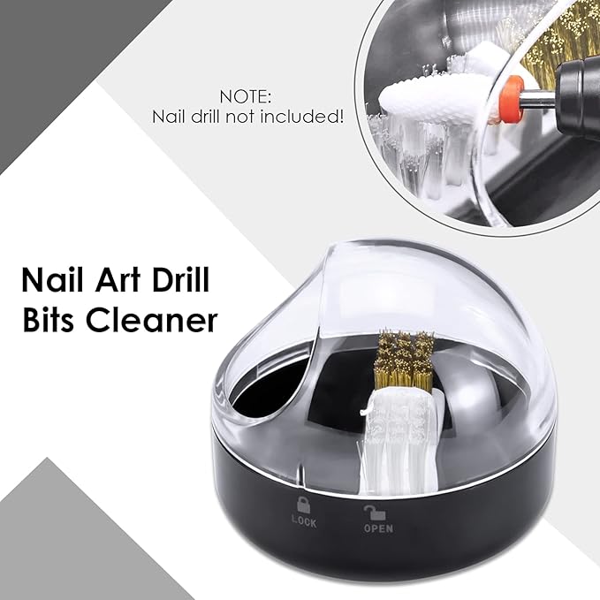 Nail Drill Bits Cuticle Cleaning Tool with Brush Cover Cleaner Case, 2-in-1 Steel Wire Brush & Nylon Brush, Acrylic Nail Tool for Carbide/Ceramic Nail Drill Bits - Black