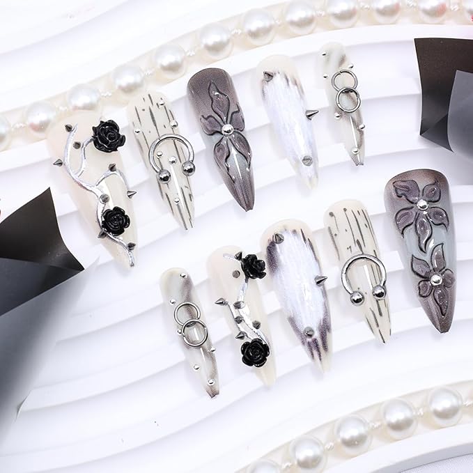 24Pcs Black Handmade Press on Nails Long Stiletto Gothic Fake Nails with 3D Black Rose Metal Piercing Rivets Design Punk Acrylic Nails Y2k Almond False Nails Goth Flower Glue on Nails for Women
