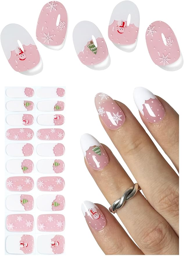 Semi Cured Gel Nail Strips, Pink Snow 20pcs Adhesive UV Sticker, Wraps for Home Manicure DIY