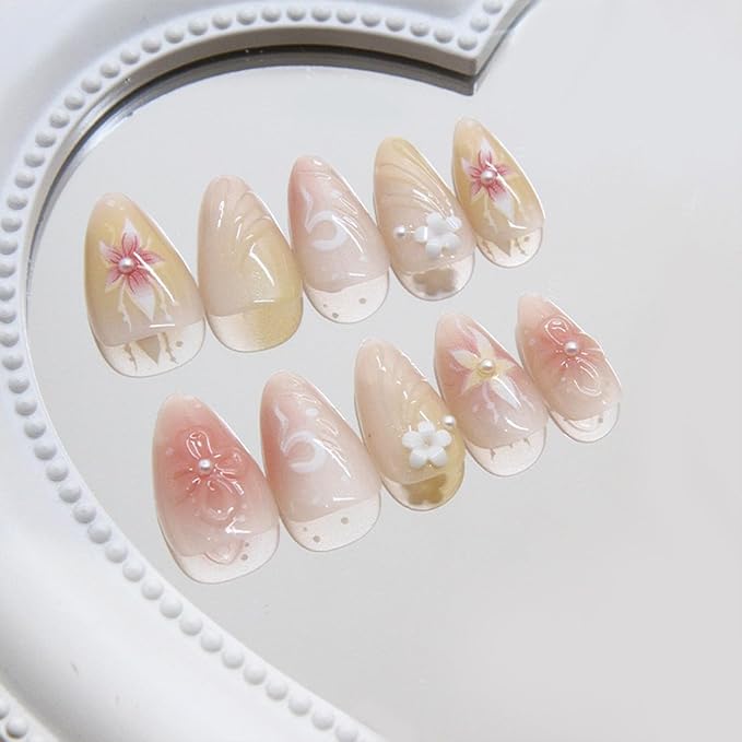 Flower Press on Nails - Almond Fake Nails - False Nails with Designs 3D Floral - Acrylic Glue on Nails - Spring Stick on Nails for Women Cute Stick on Nails 24Pcs