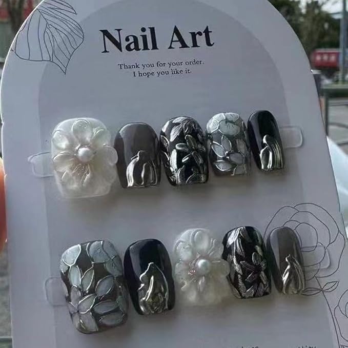 Handmade Press on Nails Short Square Shaped Fake Nails Pearl False Nails Designs Flower Press on Nails Full Cover False Nails Black Acrylic Artificial Nails for Women (Size S)