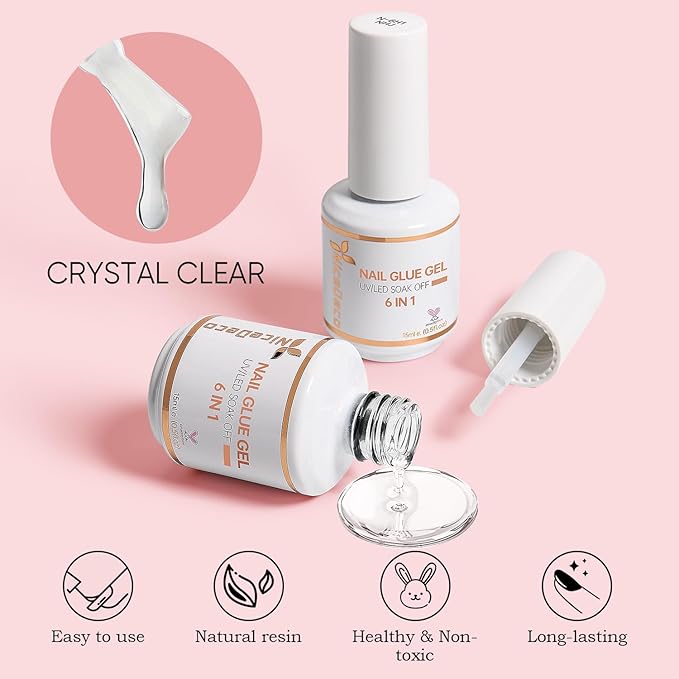 Nicedeco Gel Polish 6 in 1 Nail Glue Gel for Acrylic Nails, Hema Free, Cruelty Free, Vegan 2 Pcs 15ml Super Strong Brush in Nail Gel Glue for False Nails Tips and Gel Nail Polish Led Lamp Required