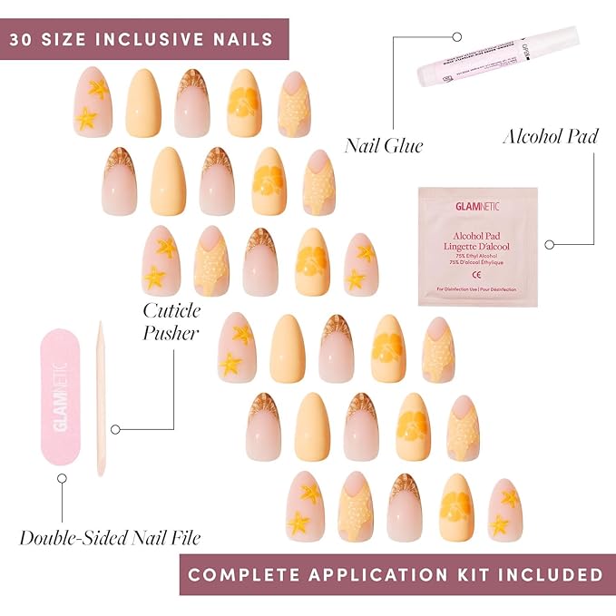 Glamnetic Press On Nails - Sunny Shores | Short Almond Orange Fake Nails with 3D Starfish, Salon Quality Summer Nails | 15 Sizes - 30 Nail Kit with Glue