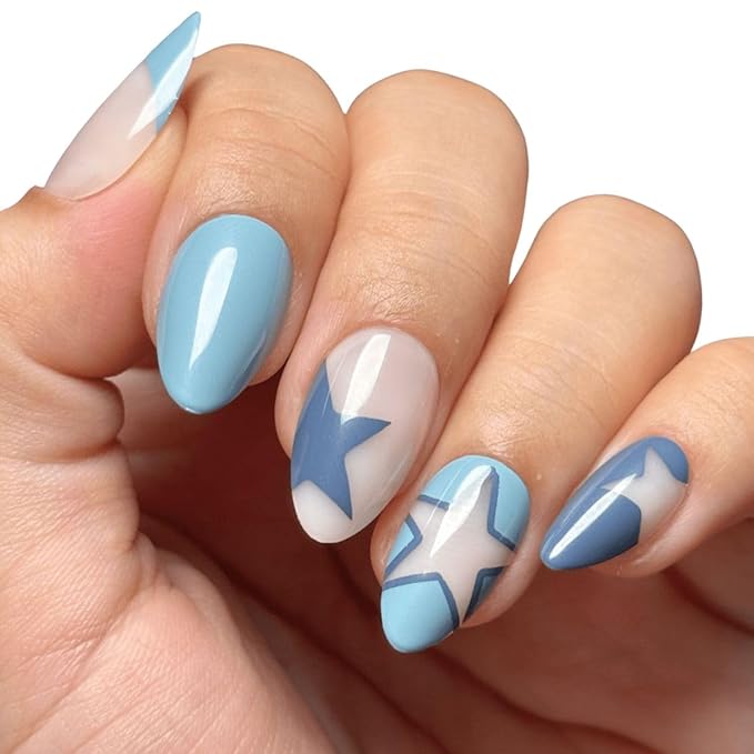 Maniology Press-On Nails Supernova | Short Almond Shape Nail Tips – Light Blue Colored Star-Themed Design, Reusable, Durable & Easy Application, 30-Piece 15 Sizes False Nails Kit