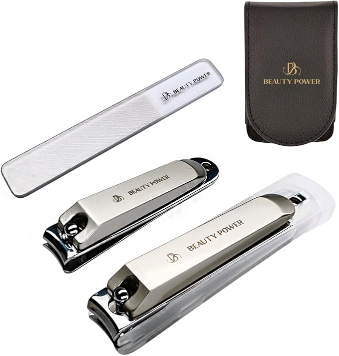 Nail Clippers Set 3 in 1 - Stainless Steel Toe Nail Clippers, Fingernail Clipper, Glass Nail File, Anti Splash, Ergonomic Grip in PU Leather Travel Case for Men & Women - Valentine's Gift