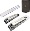 Nail Clippers Set 3 in 1 - Stainless Steel Toe Nail Clippers, Fingernail Clipper, Glass Nail File, Anti Splash, Ergonomic Grip in PU Leather Travel Case for Men & Women - Valentine's Gift
