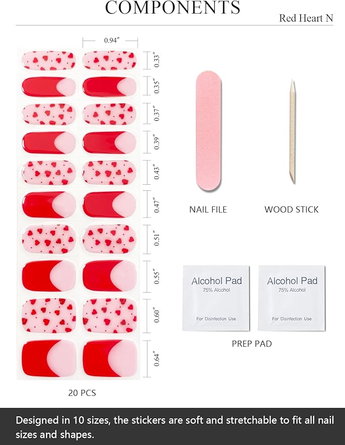 Semi Cured Gel Nail Strips (Red Heart N), Valentine's Day French, 20 Pcs Gel Nail Wraps, Stickers, Works with Any UV Lamps