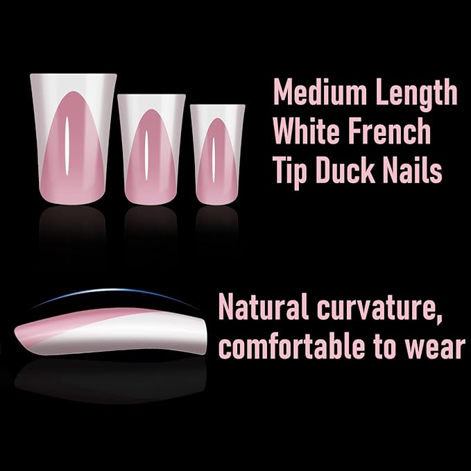 White French Tip Duck Nail Tips, Full Cover No C Curve Medium Wide Acrylic Press Ons Duck Feet Nails, Thick Soft Gel Fake False Nail Extension 12 Sizes 120 Pcs 5 Colors
