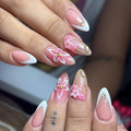 Press on Nails Almond - Medium Fake Nails with Flower Design - Gold Line, White French Tip False Nails - for Women 24 Pcs