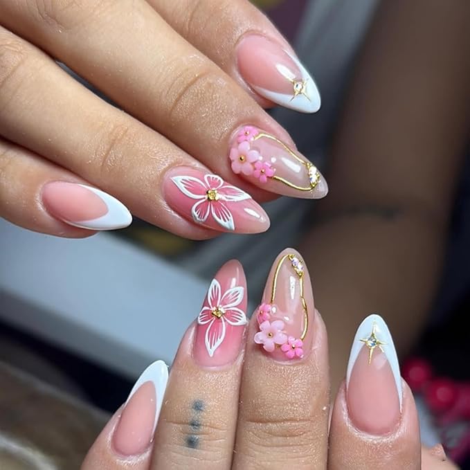 Press on Nails Almond - Medium Fake Nails with Flower Design - Gold Line, White French Tip False Nails - for Women 24 Pcs