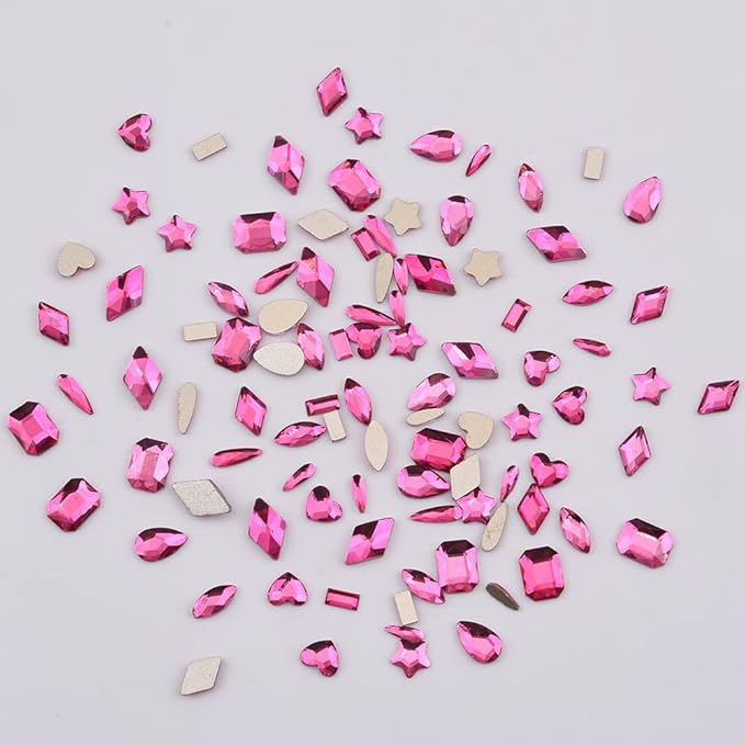 100pcs Fuchsia Glass Nail Diamonds Rhinestones Flatback Multi 10 Different Shape Color Crystals Small and Large Assortment Bulk for Nail Art