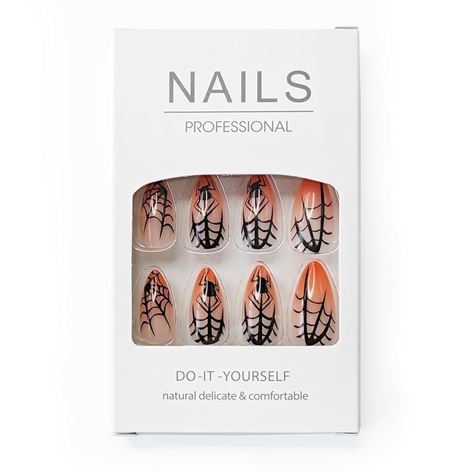 Halloween Press on Nails,Medium Almond Fake Nail with Spider & Spider Web Designs,Orange Nail Tip Acrylic Nails,Full Cover Glossy False Nails | Stick on Nails for Women Halloween Nail Art-24Pcs