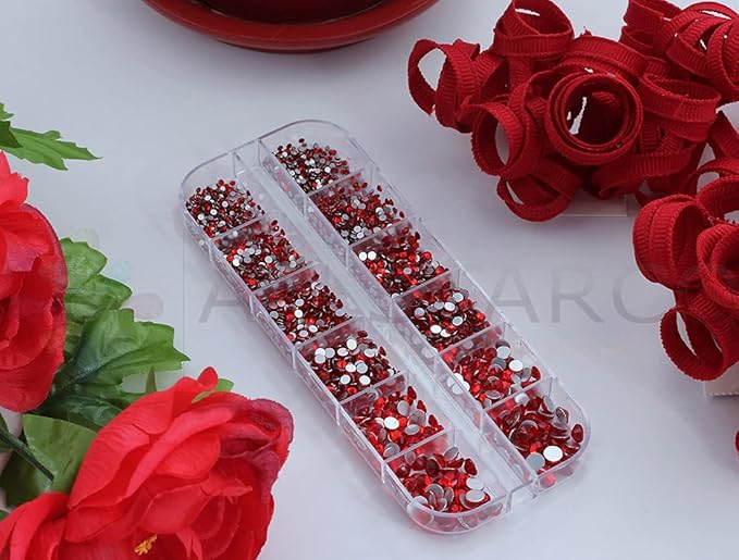 Over 2100 Pieces Red Ruby Lt Siam Flat Back Glass Rhinestones Crystals for Nail Art Kit 6 Sizes (1.4mm - 4.8mm)