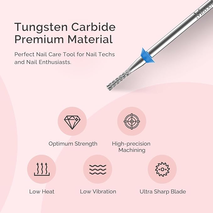 MelodySusie 1.8mm Inverted Tapered R Cut Nail Drill Bit, Professional Safety Carbide Under Nail Cleaner for Cuticle Dead Skin Nail Prepare, Two Way Rotate, Manicure Nail Salon Supply, M, Silver