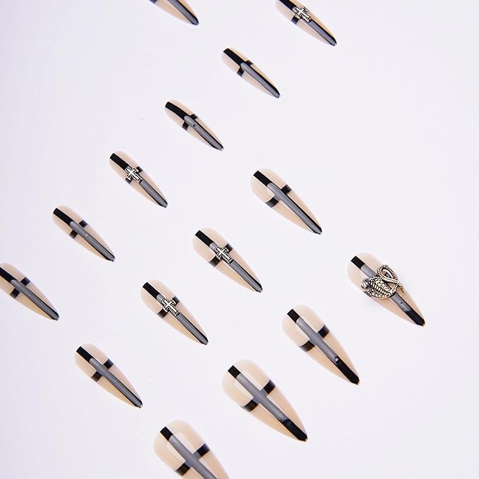 MISUD Press on Nails - Long Stiletto Fake Nails with Goth Black Cross, Acrylic Y2K Charms Design 24 pcs