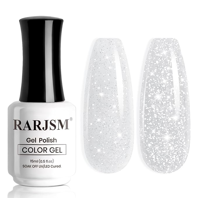 RARJSM Milky White Reflective Glitter Gel Nail Polish Sheer Flash Diamond Jelly White Sparkle Silver Shimmer Gel Polish Soak off Curing Requires 15ml Single Bottle for Home Salon