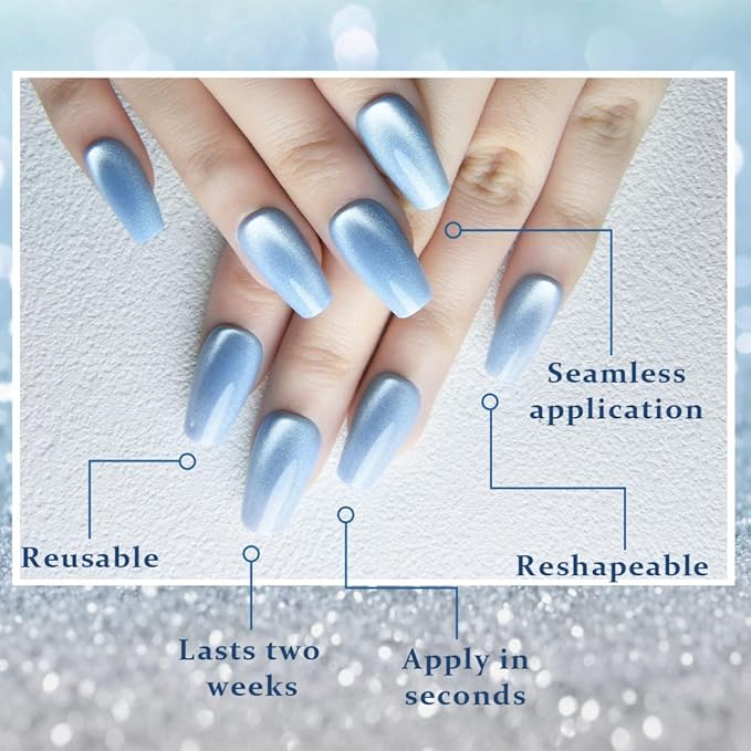 evpct Light Blue Cat Eye Coffin Press on Nails Square Medium, Medium Square Stick on Nail for Women, Light Blue Metallic Glitter Glossy Reusable Summer Soft Gel Press on Acrylic Fake Nail with Designs