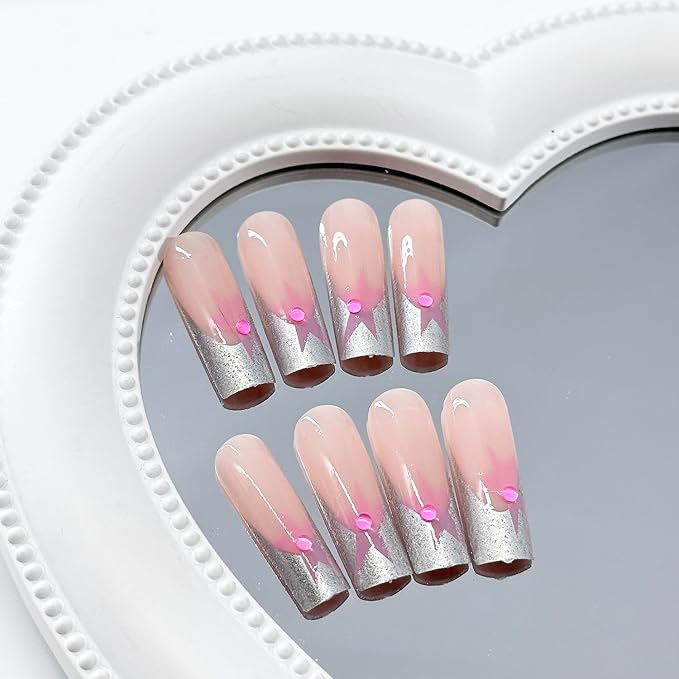 Y2K Press On Sliver French Tip Pink Full Cover Star False Nails with Designs Pearl Glitter Glossy Glue On Acrylic Manicure Artificial Nails for Women Girls