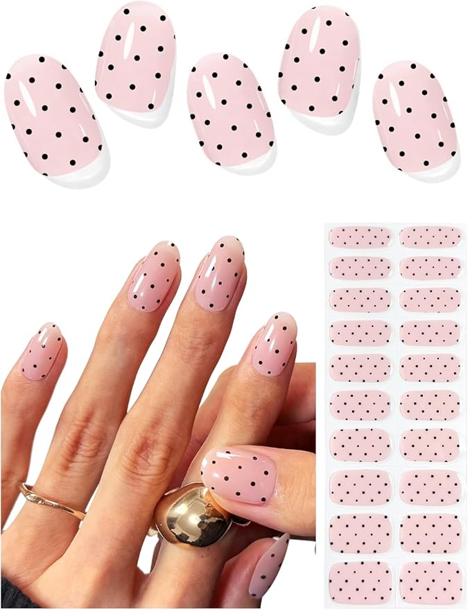 Semi Cured Gel Nail Strips (Black Polka Dot), Bare Pink, 20 Pcs Gel Nail Wraps, Stickers, Long Lasting, Works With Any UV Lamps