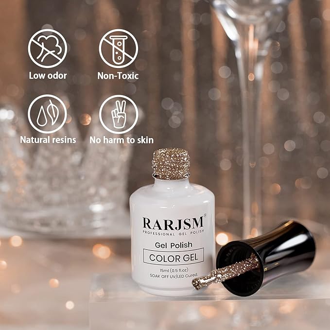 RARJSM Reflective Glitter Gel Nail Polish Champagne Brown Flash Diamond Nail GelPolish Soak off Disco Shimmer Gel Polish UV LED Curing Require 15ml 0.5FLOZ for Home Salon Diy Nail Manicure Decoration