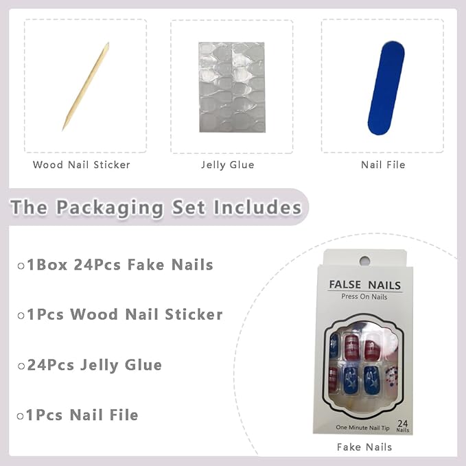 24Pcs 4th of July Press on Nails Short Square Fake Nails with Glitter Stars Stripe Design Acrylic Nails Silvery French Tip False Nails Full Cover Glossy Independence Day Stick on Nails for Women
