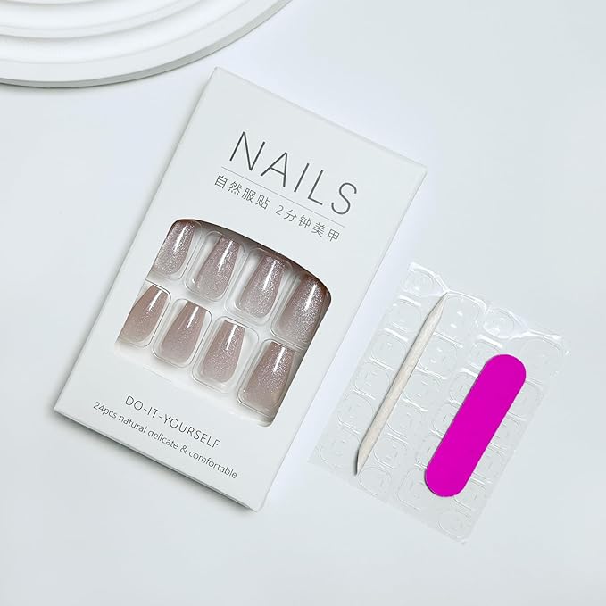 Coffin Press on Nails Short Fake Nails Glitter False Nails Press ons with Designs Glossy Full Cover Acrylic Glue on Nails Artificial Stick on Nail Eye Cat for Women Manicure Decorations 24Pcs