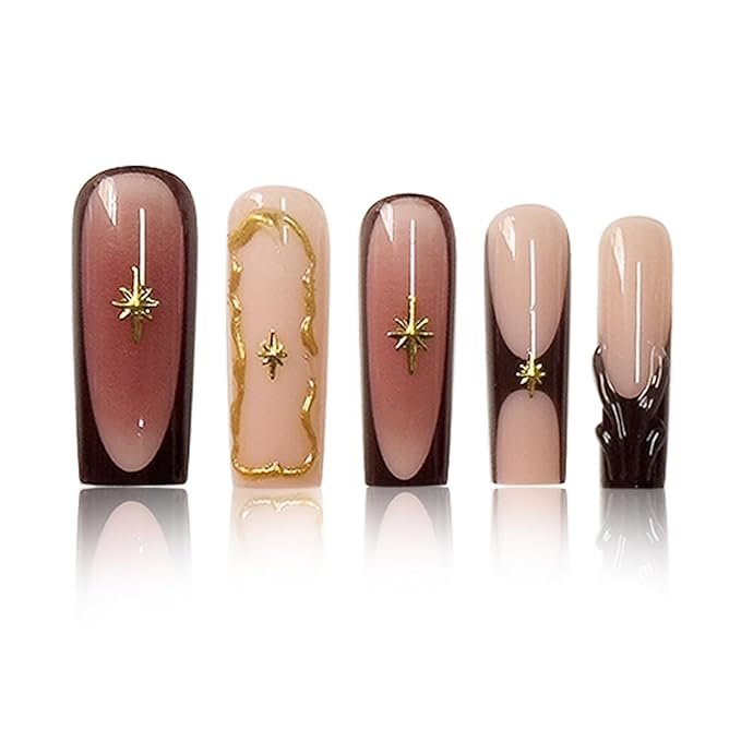 Long Square Press on Nails Fake Nails Artificial Nail Stick on Nail for Women Elegant Brown & Gold Design with Star & Clear Sparkle Accents for Women 24pcs