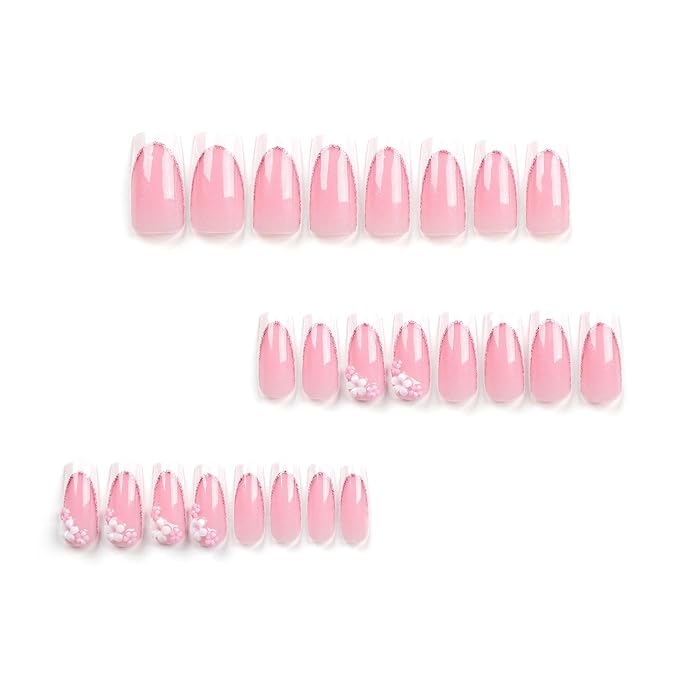 White French tips Press on Nails Medium Long Square Fake Nails 3D Flower Glue on Nails Glitter False Nails Pink Nails Glossy Reusable Spring Nails for Women Girls Manicure 24pcs