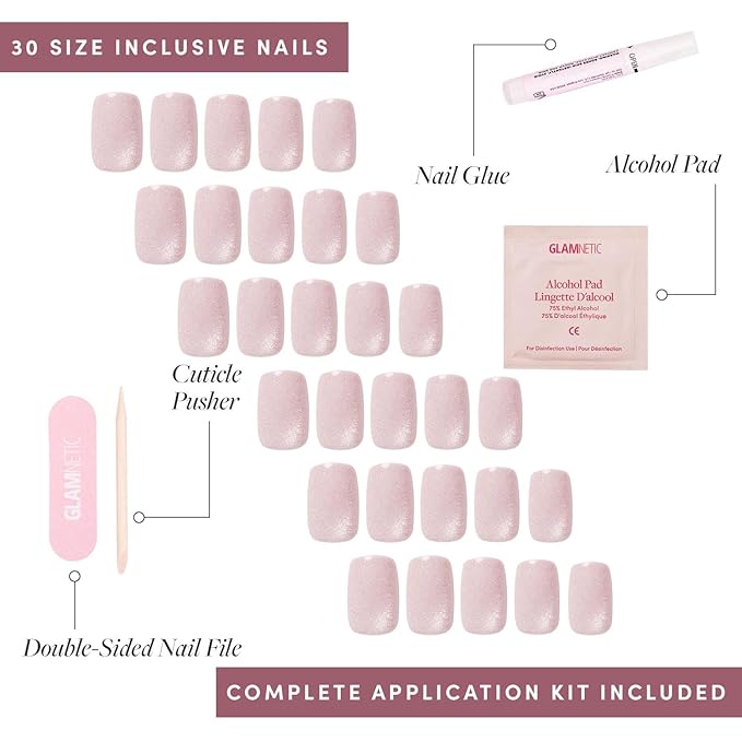 Valentines Day Glamnetic Press On Nails - Pinky Promise | Glossy, Velvet, Short Squoval Nails, Salon Quality | 15 Sizes - 30 Nail Kit with Glue