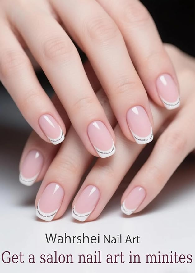 UV Gel Nail Stickers, French Glitter 30pcs Semi Cured Gel Nail Strips, Wraps for Home Manicure DIY