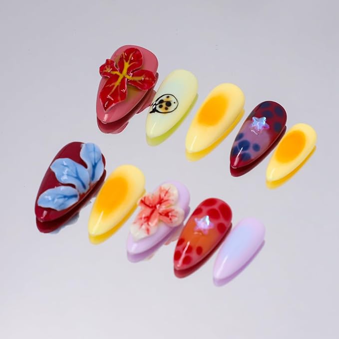 Handmade Press on Nails Medium Almond Nails Thick Fake Nails with Glue,Colourful False Nails with 3D Tropical Flower Art Design Acrylic Nails Nature Stick on Nail for Wome (Size M)