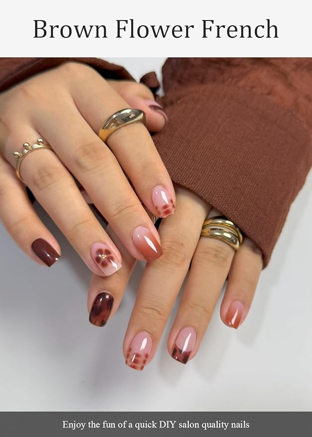 Semi Cured Gel Nail Strips (Brown Flower French), 20 Pcs Fall Gel Nail Wraps, Stickers, UV Light Required, Salon Quality, Long Lasting