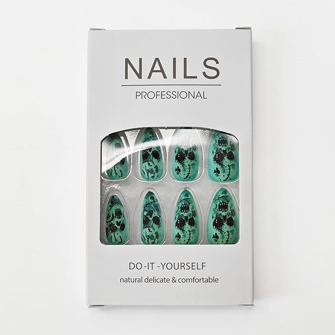 Halloween Fake Nail,Stiletto Press on Nails Long,Dark Green False Nails with Horror Skull & Scar Face Pattern Designs | Full Cover Acrylic Nails Stick on Nails for Women Halloween Manicure 24Pcs