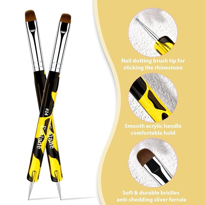 French Manicure Brush, Esclane 2 Way French Nail Brush with Dotting Tool for Manicure Cuticle Clean Up Nail Art Design, French Tip Brush (Yellow, #16)