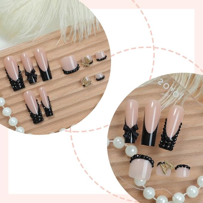 48Pcs Black French Tips Press on Nails Rhinestone Press on Toenails Long Square Fake Nails with Black Bow Charm Design 3D Butterfly False Toenails Glossy Summer False Nails for Women DIY Manicure