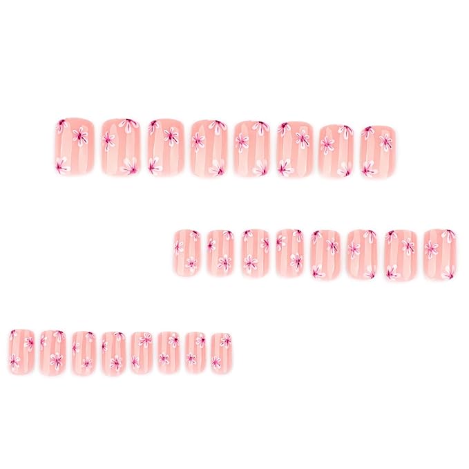 Press on Nails Square - Short Fake Nails with Pink Flower Design - Cute, Spring False Nails Press ons - for Women 24 Pcs