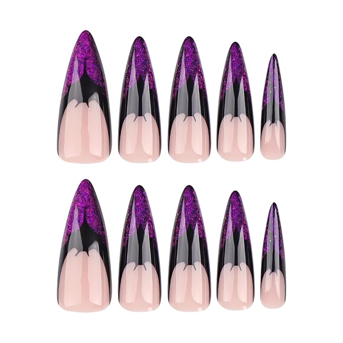 Halloween Fake Nails - Long Stiletto Press On Nails with French Tip, Bat Design, Purple Glitter, Shiny Acrylic Finish, Full Cover Glossy Stick On Nails - 24 Pcs