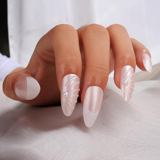 evpct French Tips Press on Nails Medium Almond, Nude Pink + White Tips, Chrome Glazed Aurora Fake Nails Kit with 3D Shell & Rhinestones Design, Stick on Nails with Nail Kit, Reusable Stick on Nail Kit