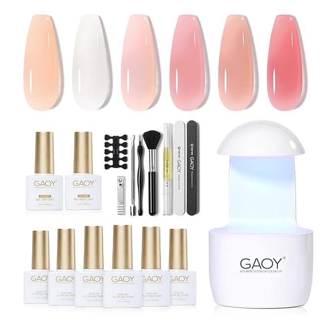 GAOY Gel Nail Polish Kit with UV Light for Beginners, 6 Colors Sheer Milky White Pink Orange, Gel Polish Kit with Top and Base Coat for Salon and Nail Art DIY at Home