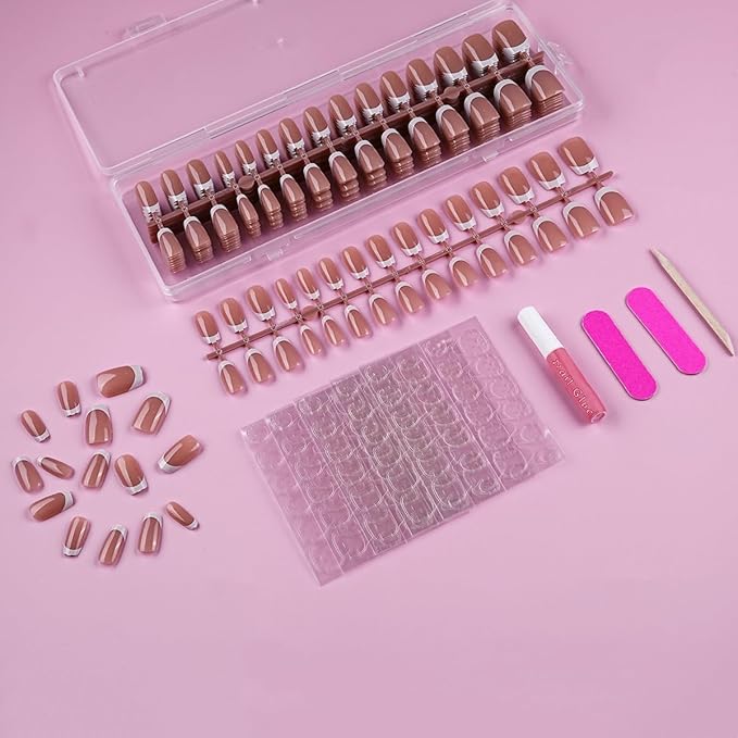 Lamemoria Pre-Design Medium Short Square French Tip Press On Nails, Brown Base White French Nail Tips, Salon Nail Art Kit, 240 PCS