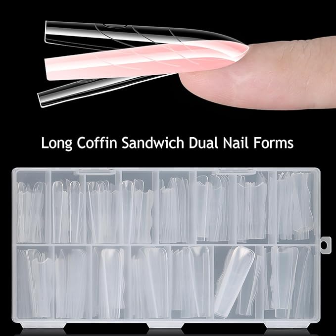 Sandwich Dual Nail Forms, 15 Sizes Long Coffin Top and Bottom Dual Forms for Builder Gel, Reusable Acrylic Nail Extension Molds with Guide Lines, Professional Manicure Supplies (Coffin)
