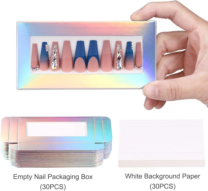 Noverlife 30PCS Empty Press on Nail Package with 30PCS Pullable White Paper Trays, False Nail Packaging Box with Clear Window, Nail Tip Package Boxes for Nail Salon Bussiness - Holographic